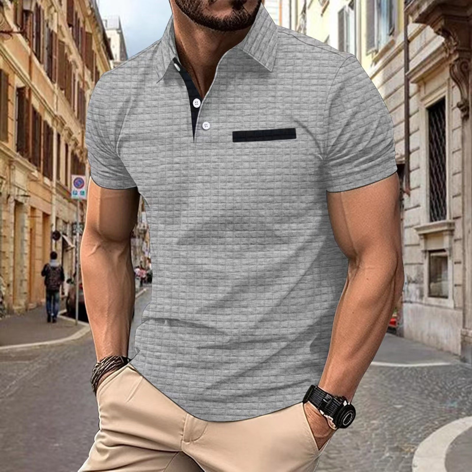 thumbnail image 2 of Camisa de manga corta con solapa y bolsillo para hombre, para primavera-verano, a cuadros, de color liso, tejido elástico y suave, informal para el día a día o para ir a trabajar, lavable a mano en, 2 of 5